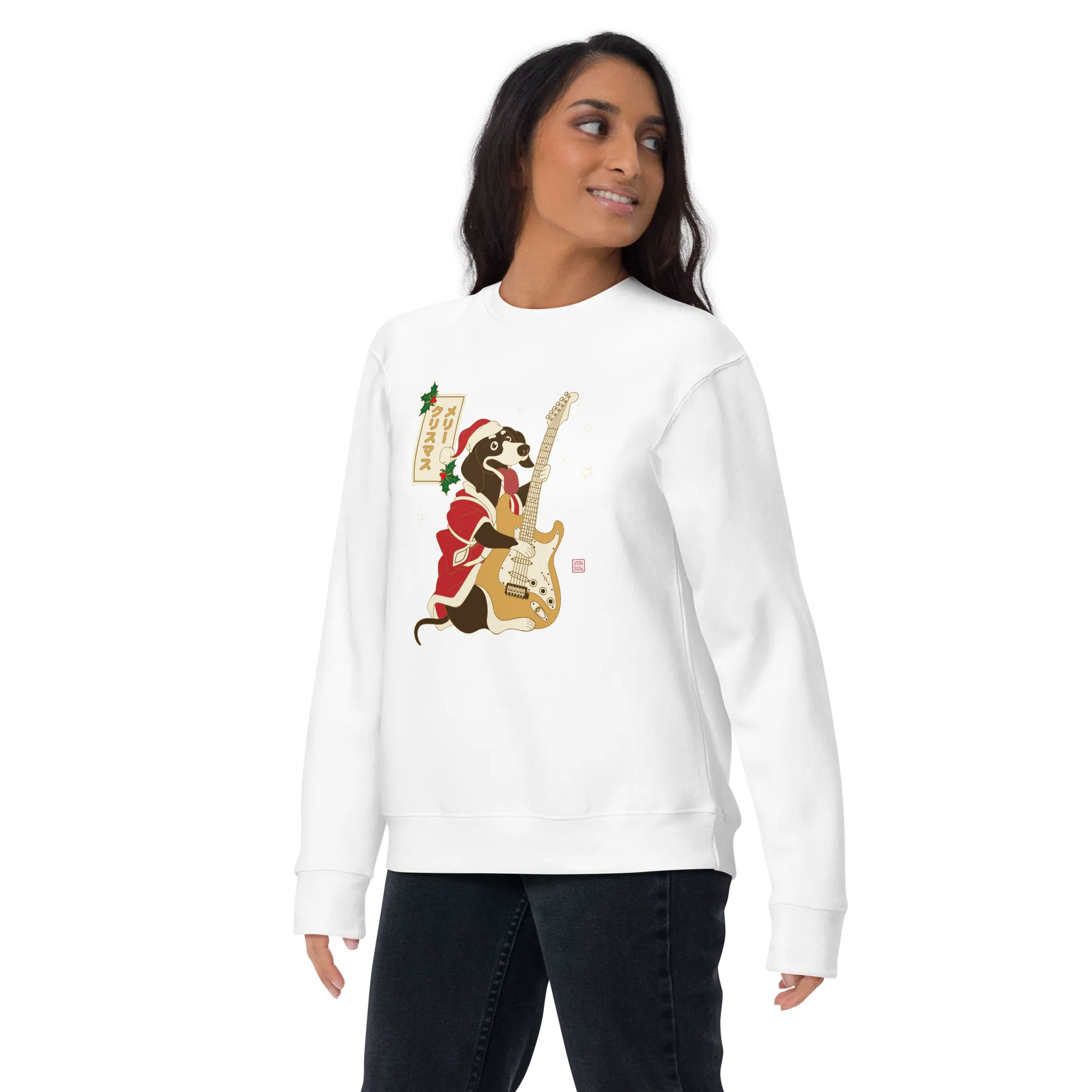 Dachshund Play Guitar Christmas Japanese Ukiyo-e Unisex Premium Sweatshirt -