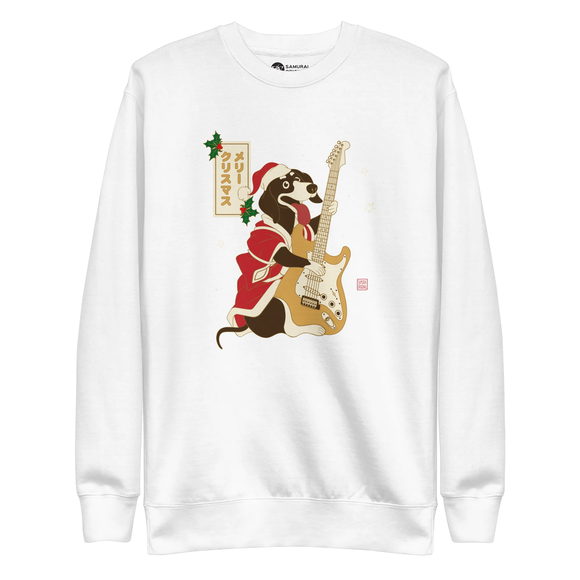 Dachshund Play Guitar Christmas Japanese Ukiyo-e Unisex Premium Sweatshirt - White / S