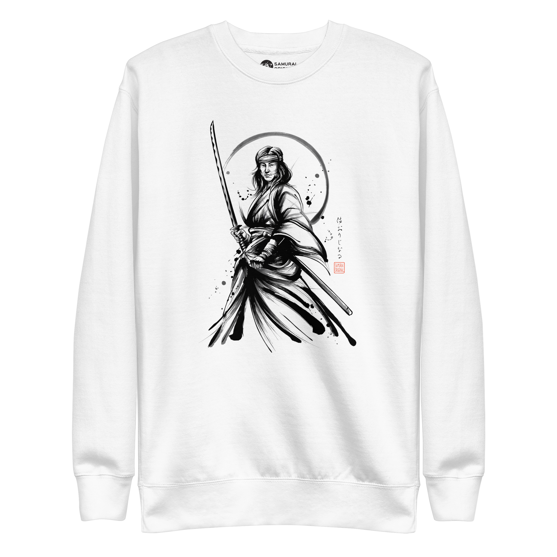 Female Samurai Sumi-e Japanese Ink Unisex Premium Sweatshirt - White / S