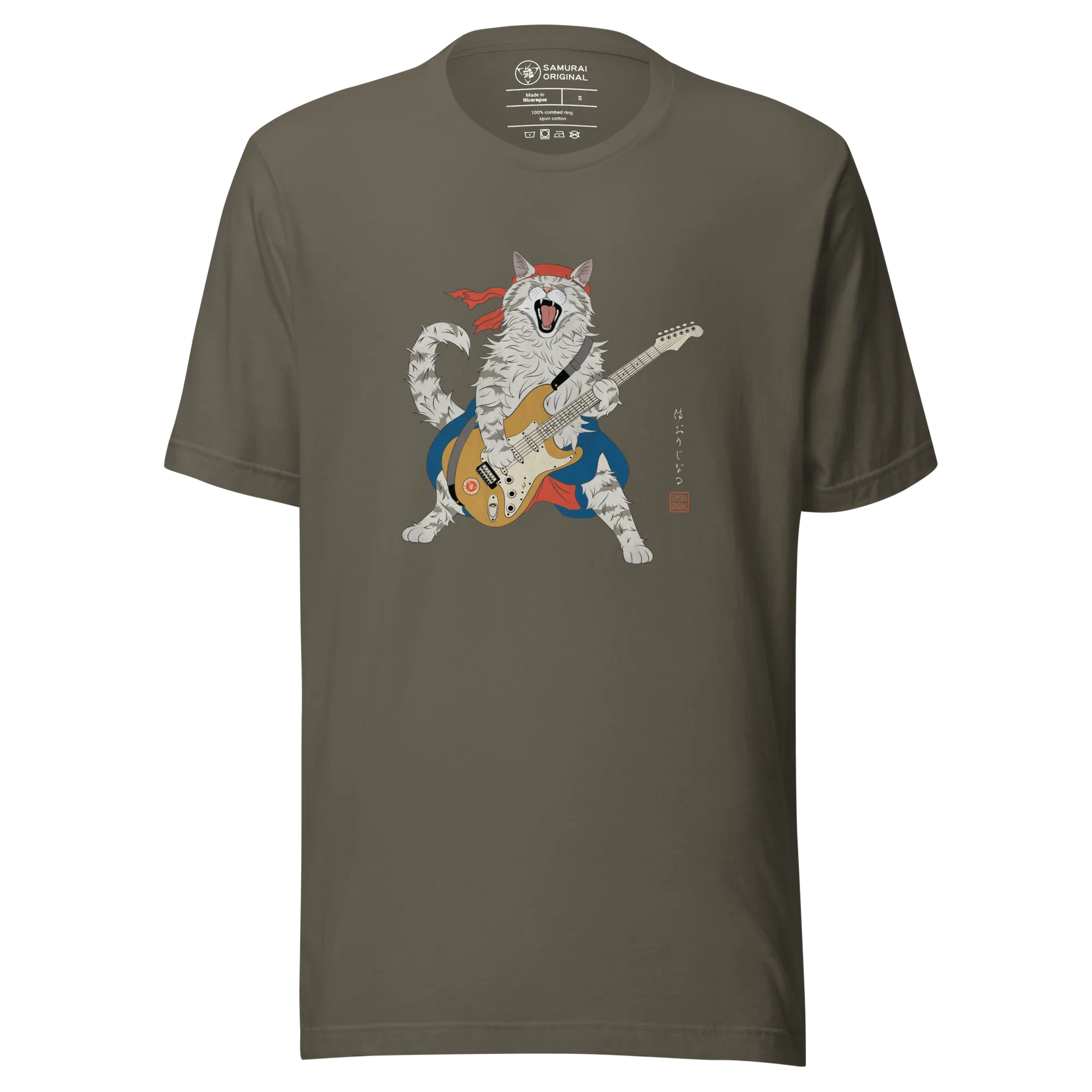 Cat Playing Guitar Japanese Ukiyo-e Unisex t-shirt - Army / S