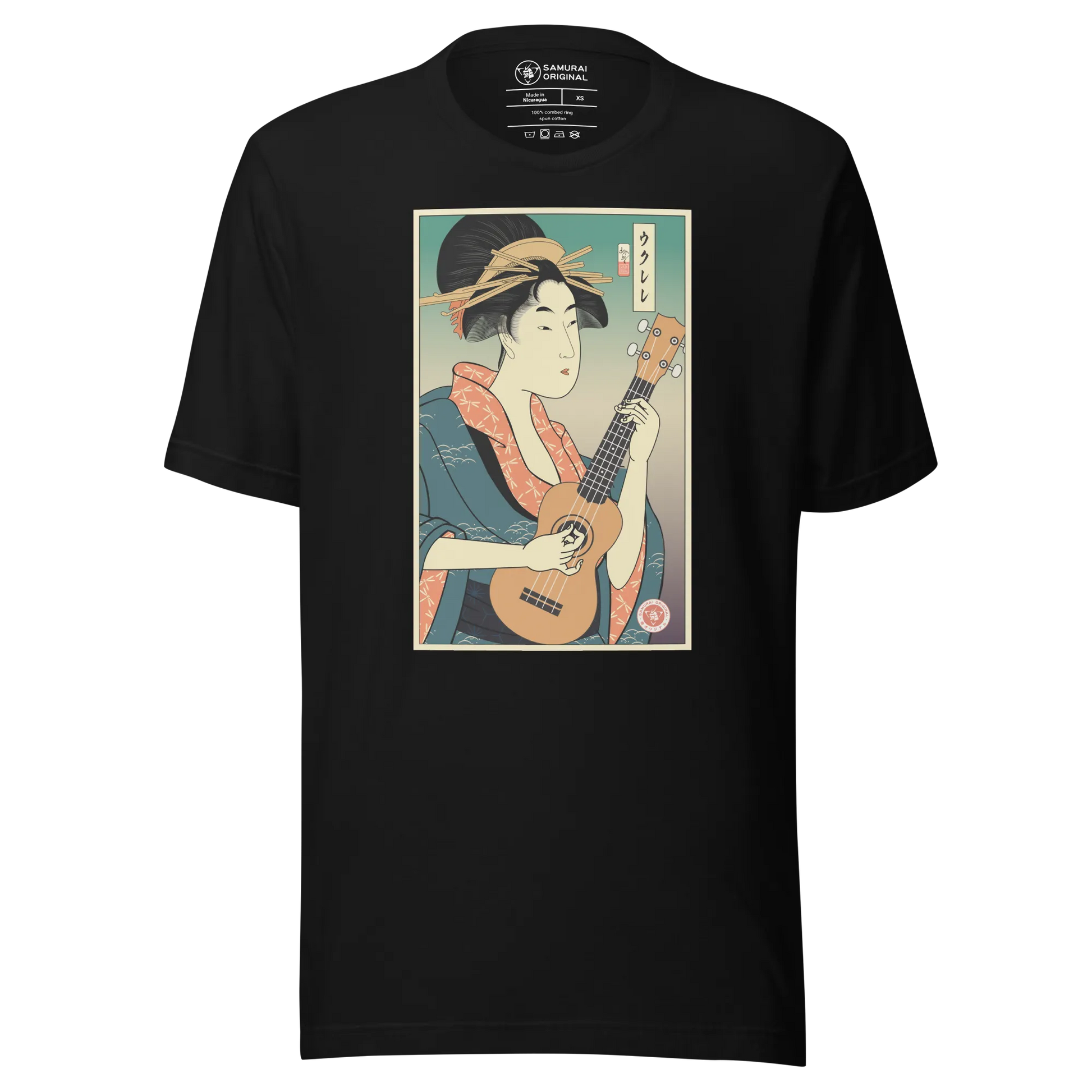 Geisha Ukulele Player String Instrument Japanese Ukiyo-e Unisex T-Shirt - Black / S