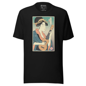 Geisha Ukulele Player String Instrument Japanese Ukiyo-e Unisex T-Shirt - Black / S