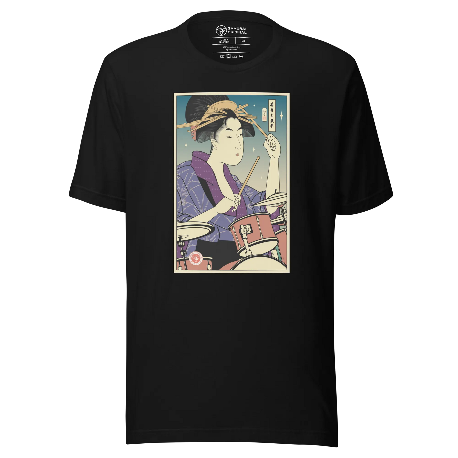 Geisha Drummer Percussion Music Japanese Ukiyo-e Unisex T-Shirt - Black / S