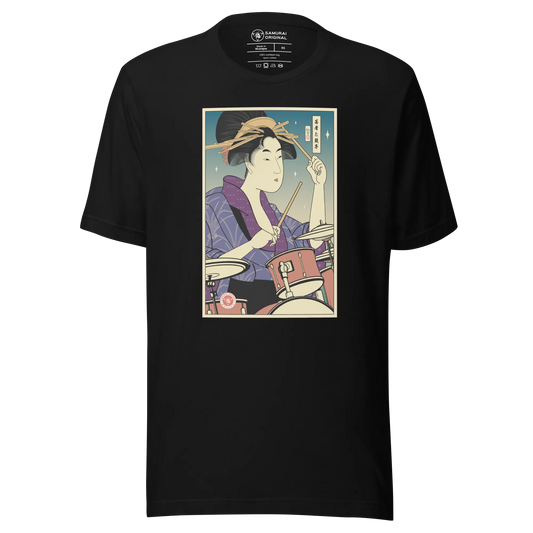 Geisha Drummer Percussion Music Japanese Ukiyo-e Unisex T-Shirt - Black / S