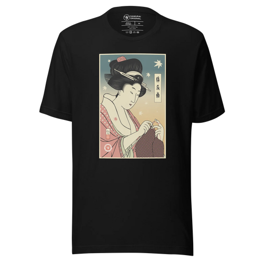 Geisha Knitting Mom Japanese Ukiyo-e Unisex T-Shirt - Black / S