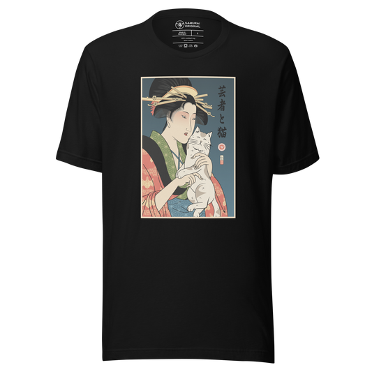 Geisha and Cat Funny Japanese Ukiyo-e Unisex T-Shirt 1 - Black / S