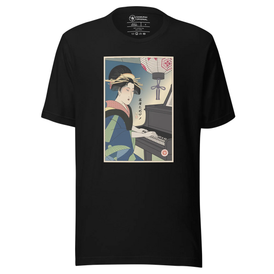 Geisha Piano Player Music Japanese Ukiyo-e Unisex T-Shirt - Black / S