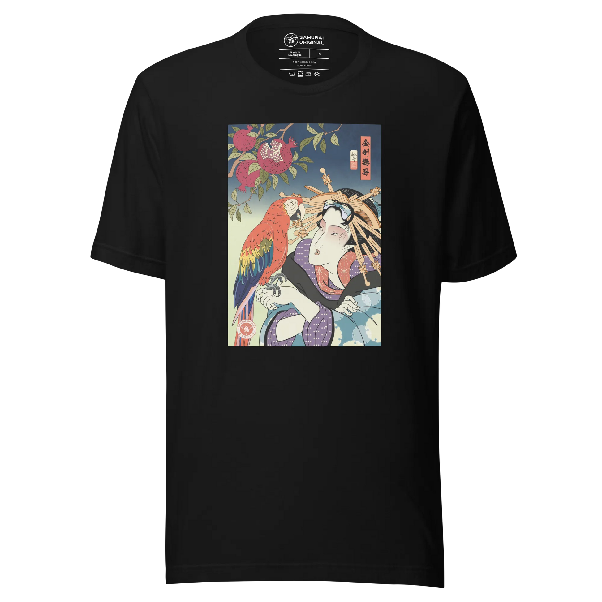 Geisha & Macaw Parrot Bird Japanese Ukiyo-e Unisex T-Shirt - Black / S