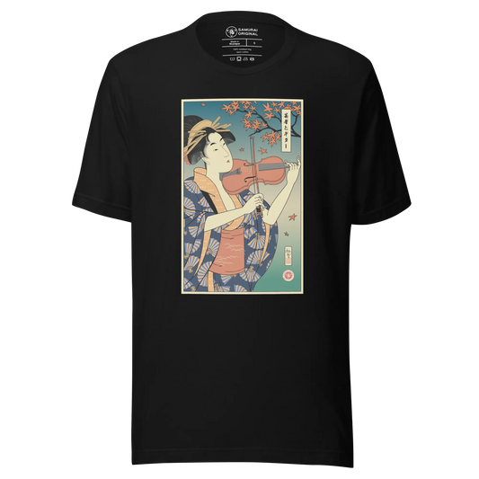 Geisha Violin Music Japanese Ukiyo-e Unisex T-Shirt - Black / S