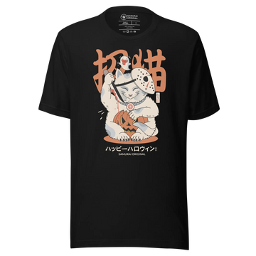 Halloween Cat Maneki Neko & Jason Voorhees Mask Japanese Unisex T-Shirt - Black / S