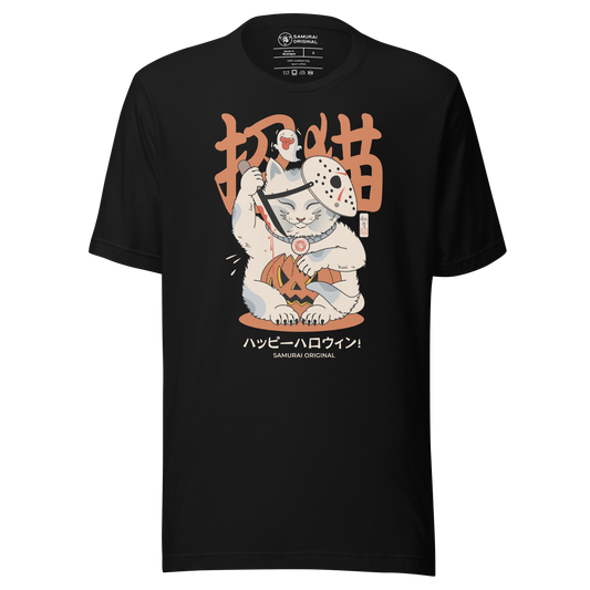 Halloween Cat Maneki Neko & Jason Voorhees Mask Japanese Unisex T-Shirt - Black / S