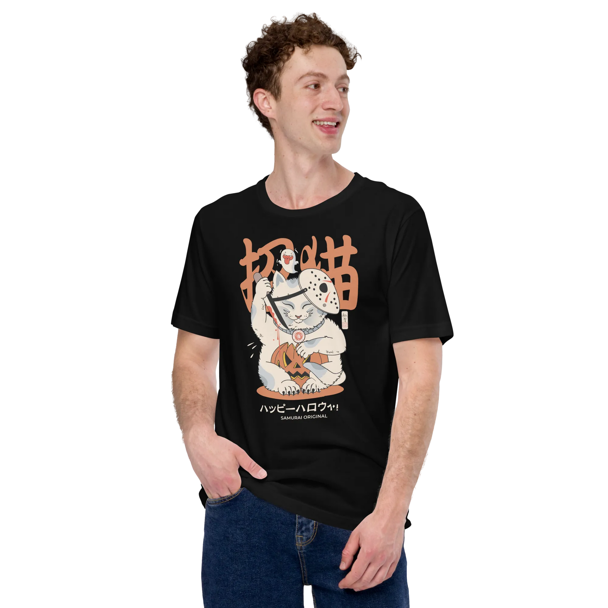 Halloween Cat Maneki Neko & Jason Voorhees Mask Japanese Unisex T-Shirt -