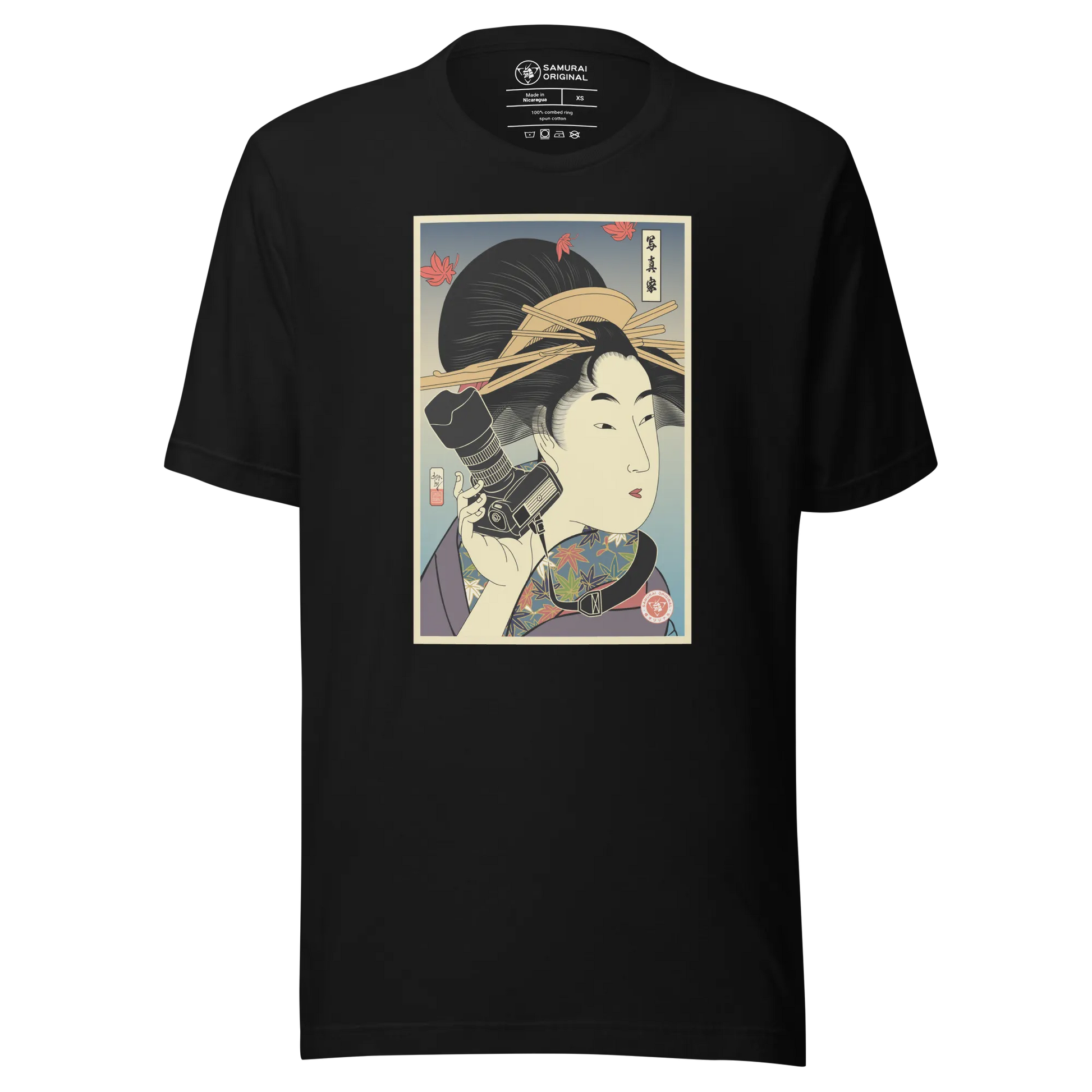 Geisha Photographer Camera Japanese Ukiyo-e Unisex T-Shirt - Black / S