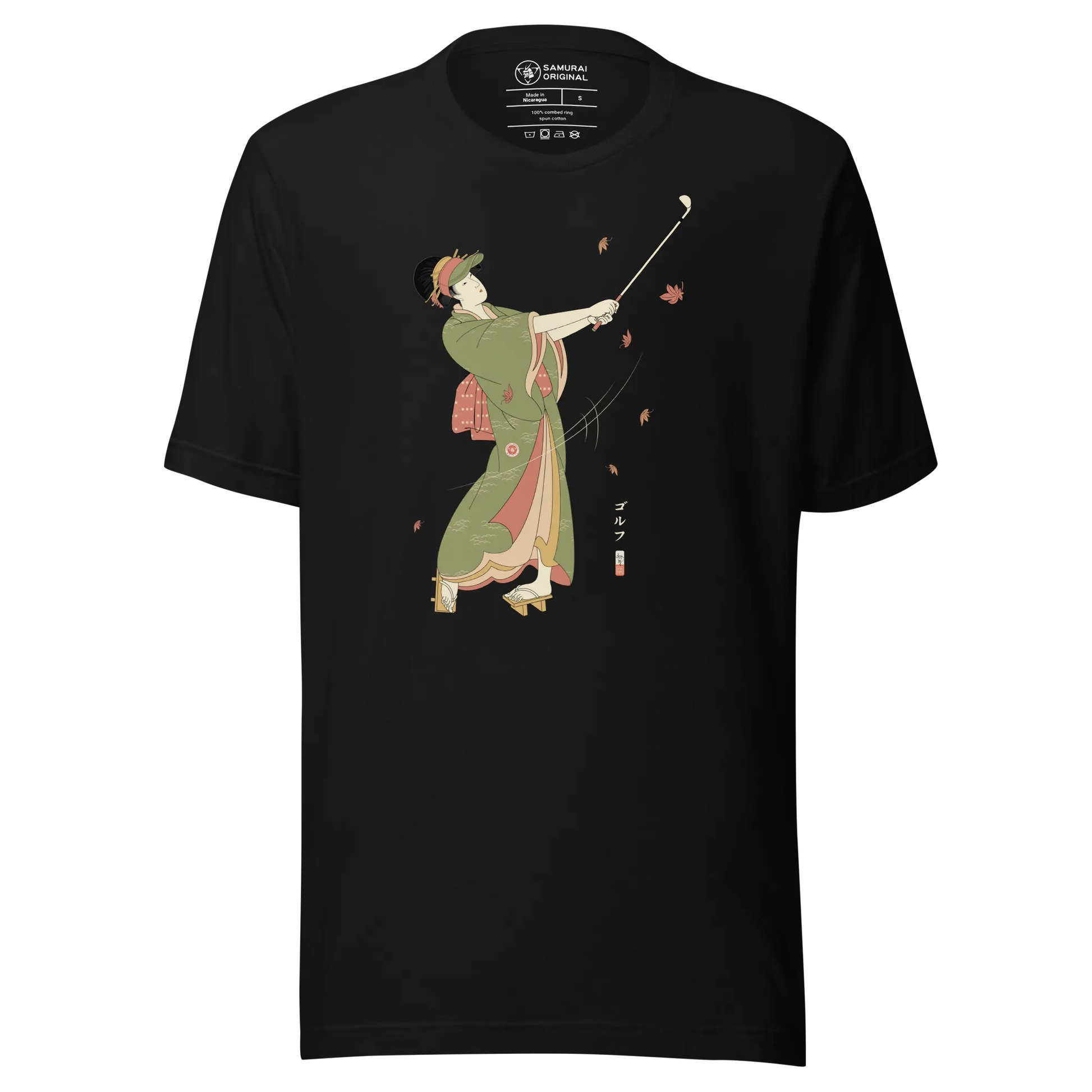 Geisha Golf Player Japanese Ukiyo-e Unisex T-shirt - Black / S