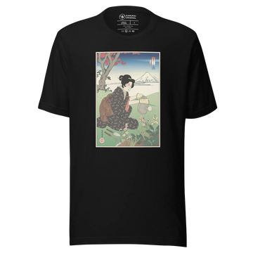 Geisha Gardening Japanese Ukiyo-e Unisex T-shirt - Black / S