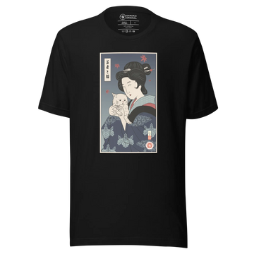 Geisha & Cat Funny Japanese Ukiyo-e Unisex T-Shirt - Black / S