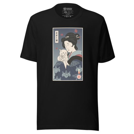 Geisha & Cat Funny Japanese Ukiyo-e Unisex T-Shirt - Black / S