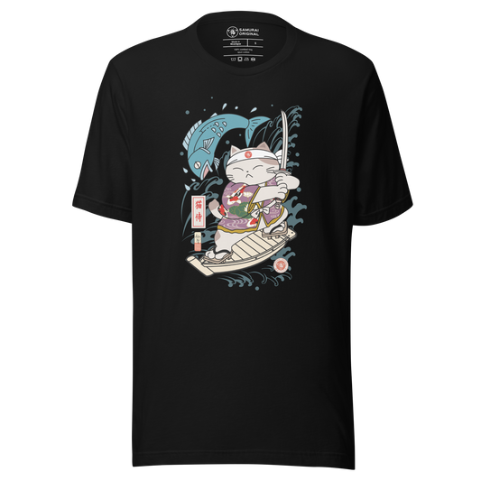 Samurai Cat Love Fish 2 Ukiyo-e Funny Unisex T-Shirt - Samurai Original