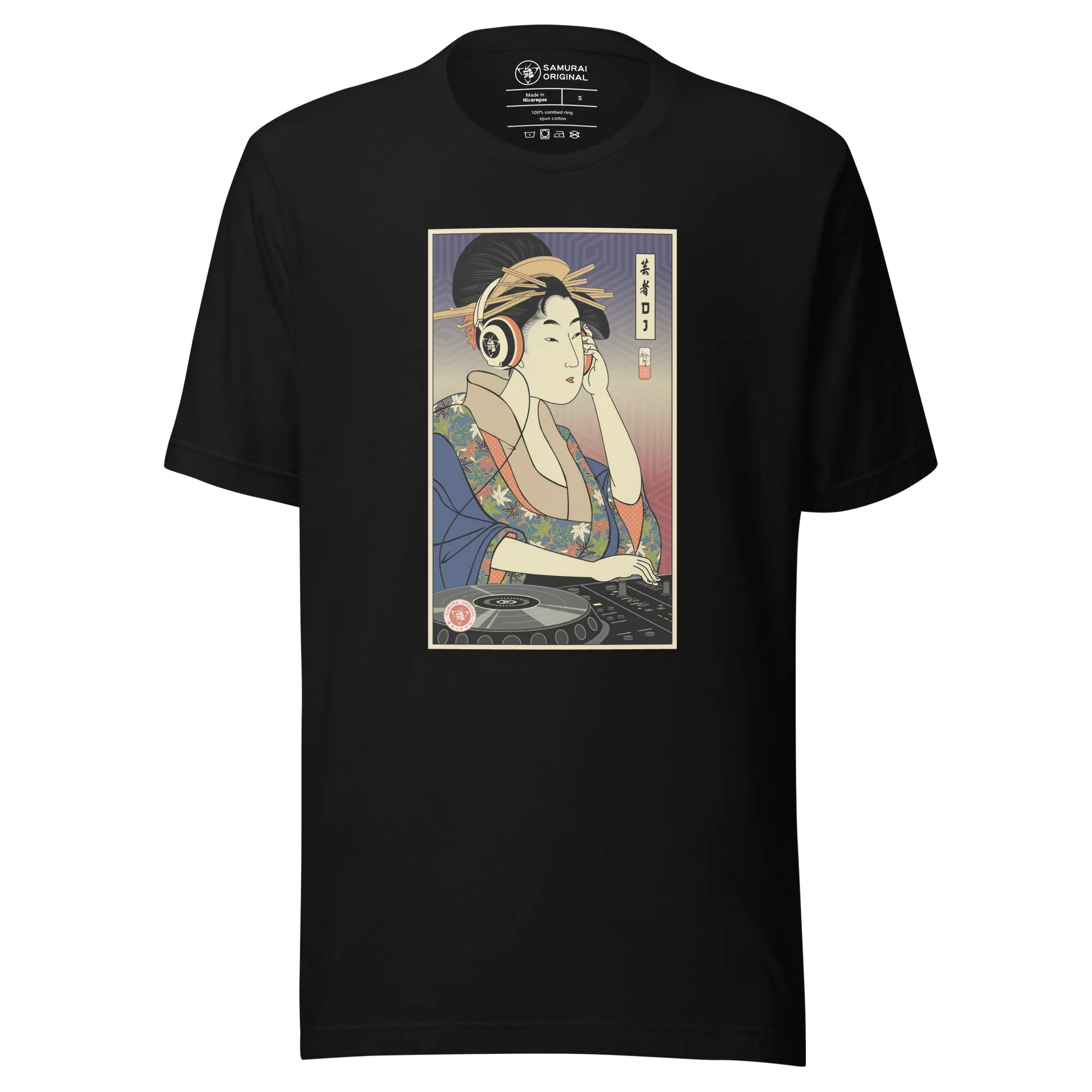 Geisha DJ Turntable Music Japanese Ukiyo-e Unisex T-Shirt - Black / S