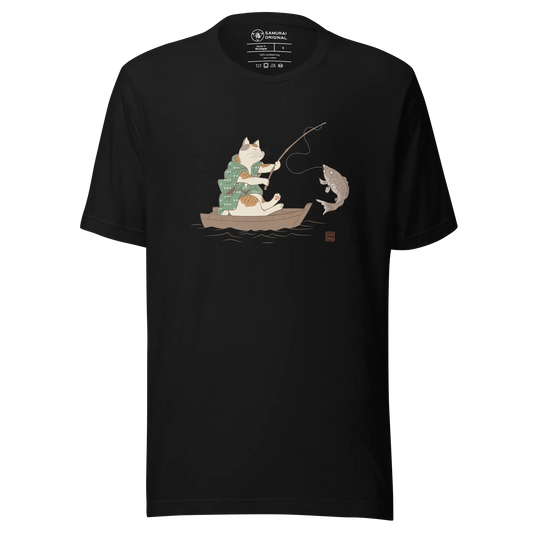 Cat Fishing Funny Japanese Ukiyo-e Unisex T-shirt - Black / S