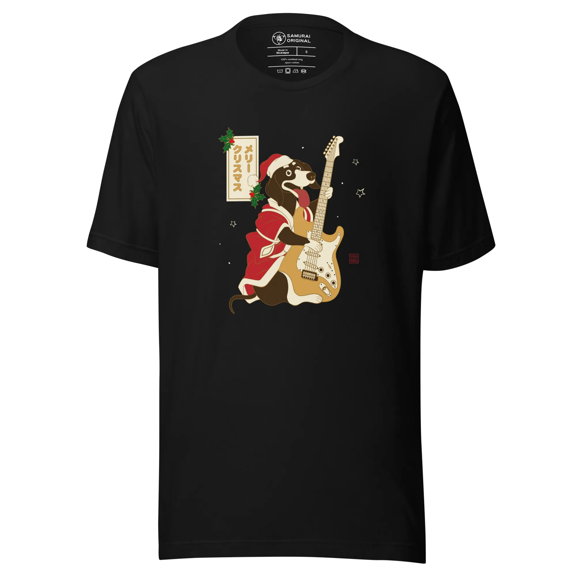 Dachshund Play Guitar Christmas Japanese Ukiyo-e Unisex T-shirt - Black / S