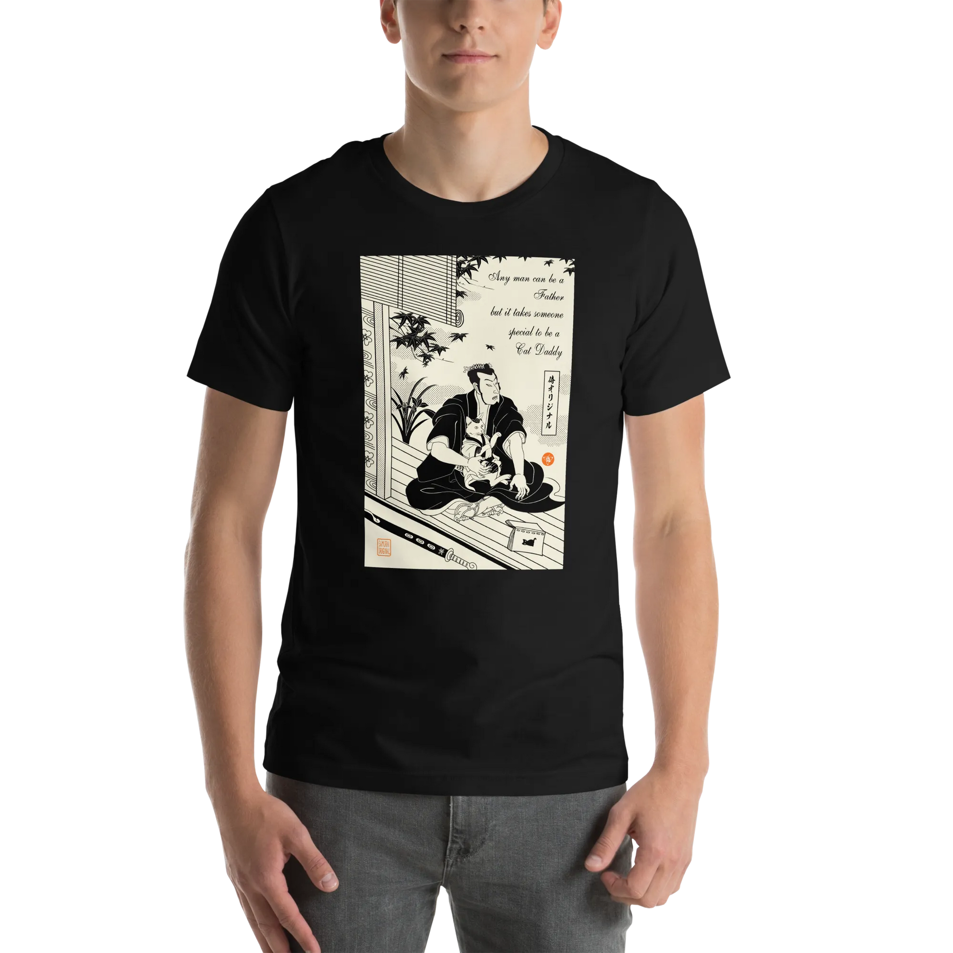 Samurai and Cat Japanese Ukiyo-e Unisex T-shirt 3 - Samurai Original