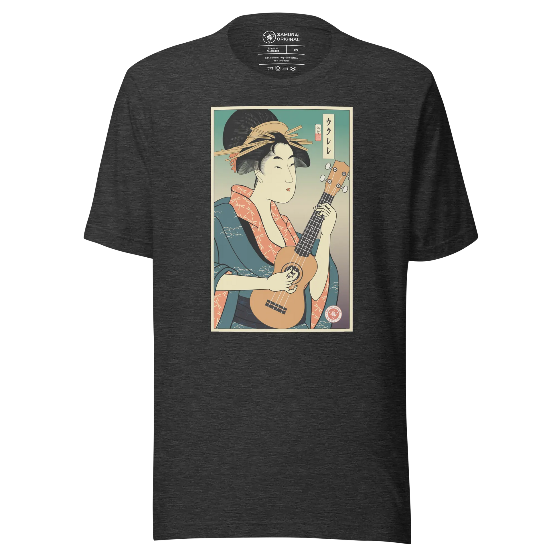 Geisha Ukulele Player String Instrument Japanese Ukiyo-e Unisex T-Shirt - Dark Grey Heather / S