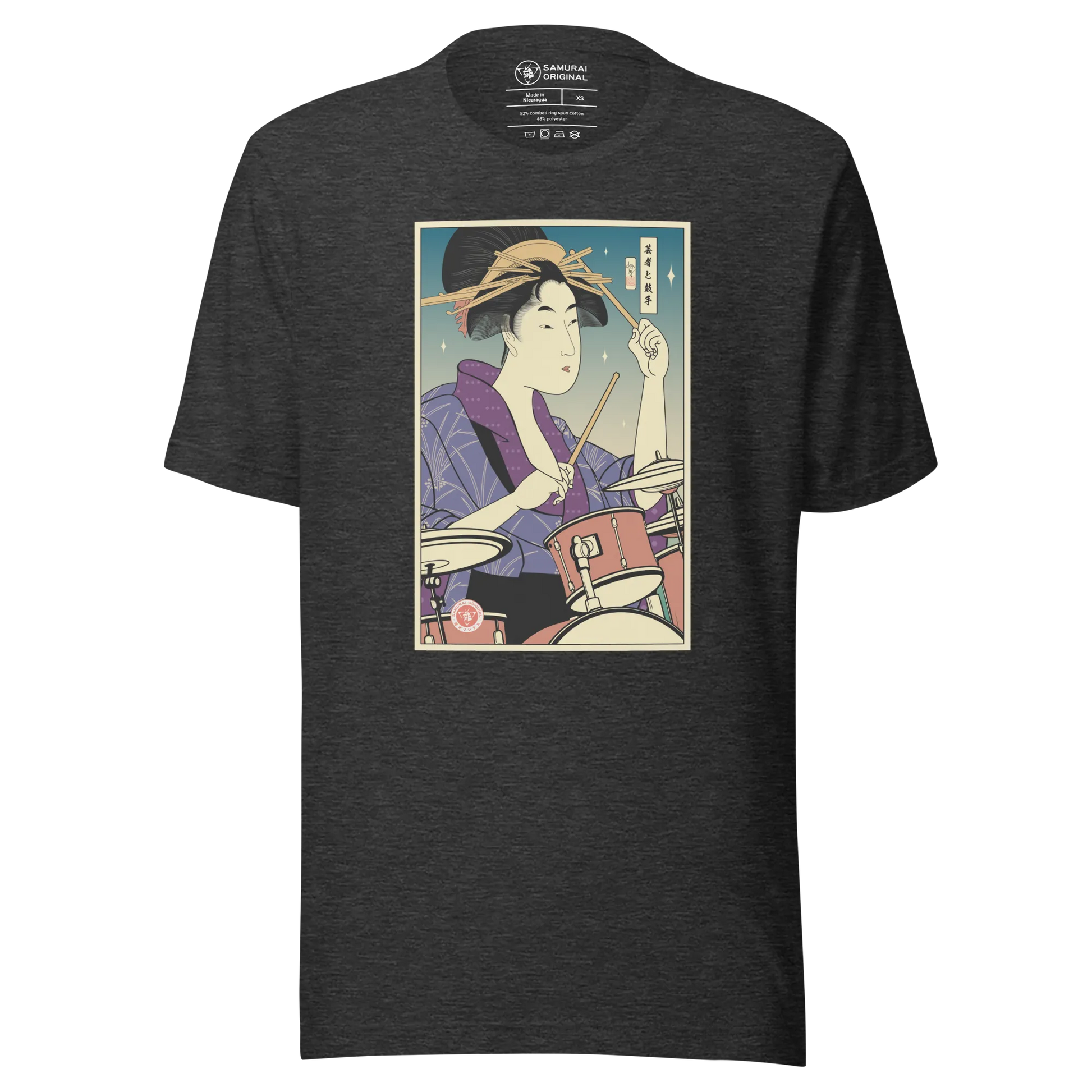 Geisha Drummer Percussion Music Japanese Ukiyo-e Unisex T-Shirt - Dark Grey Heather / S