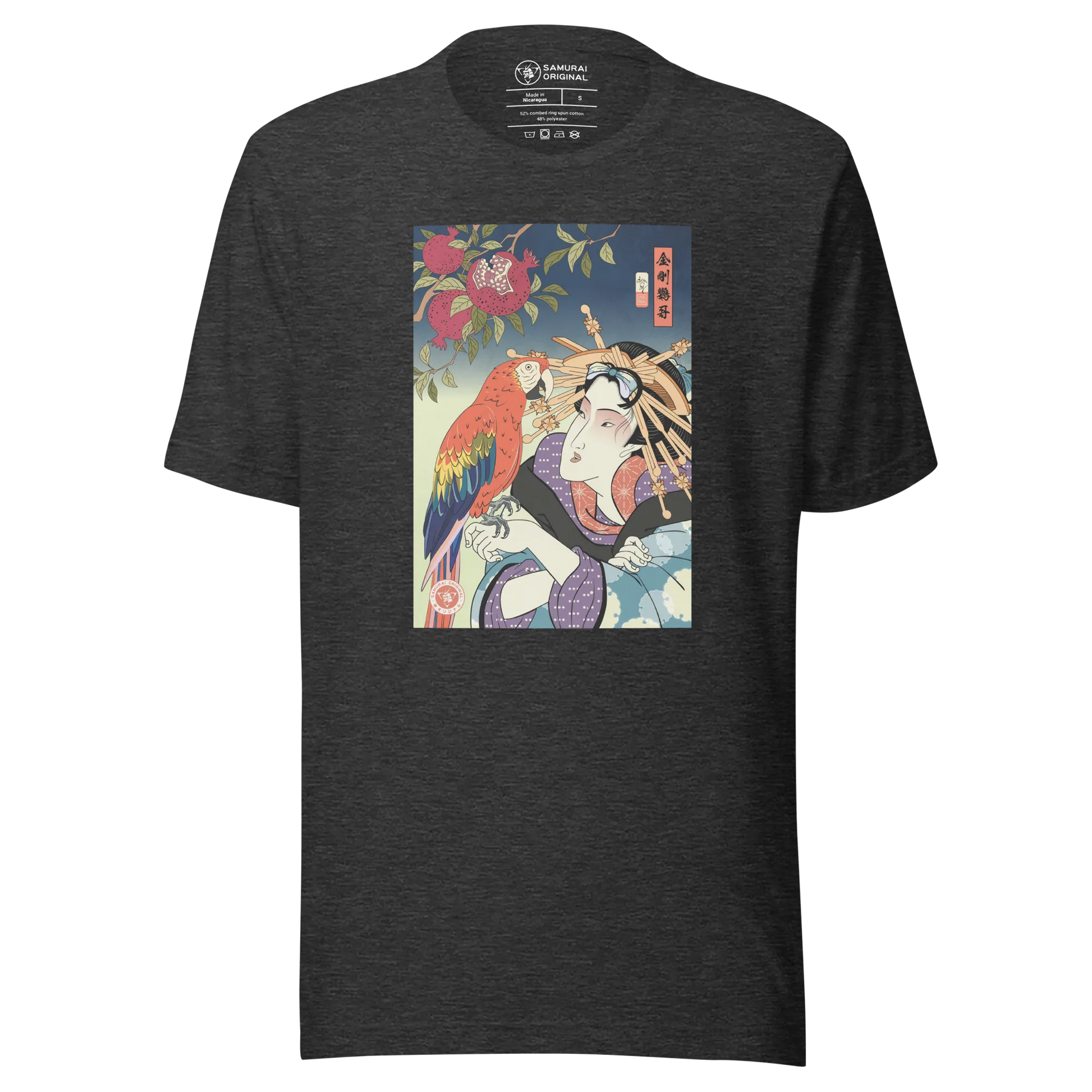 Geisha & Macaw Parrot Bird Japanese Ukiyo-e Unisex T-Shirt - Dark Grey Heather / S