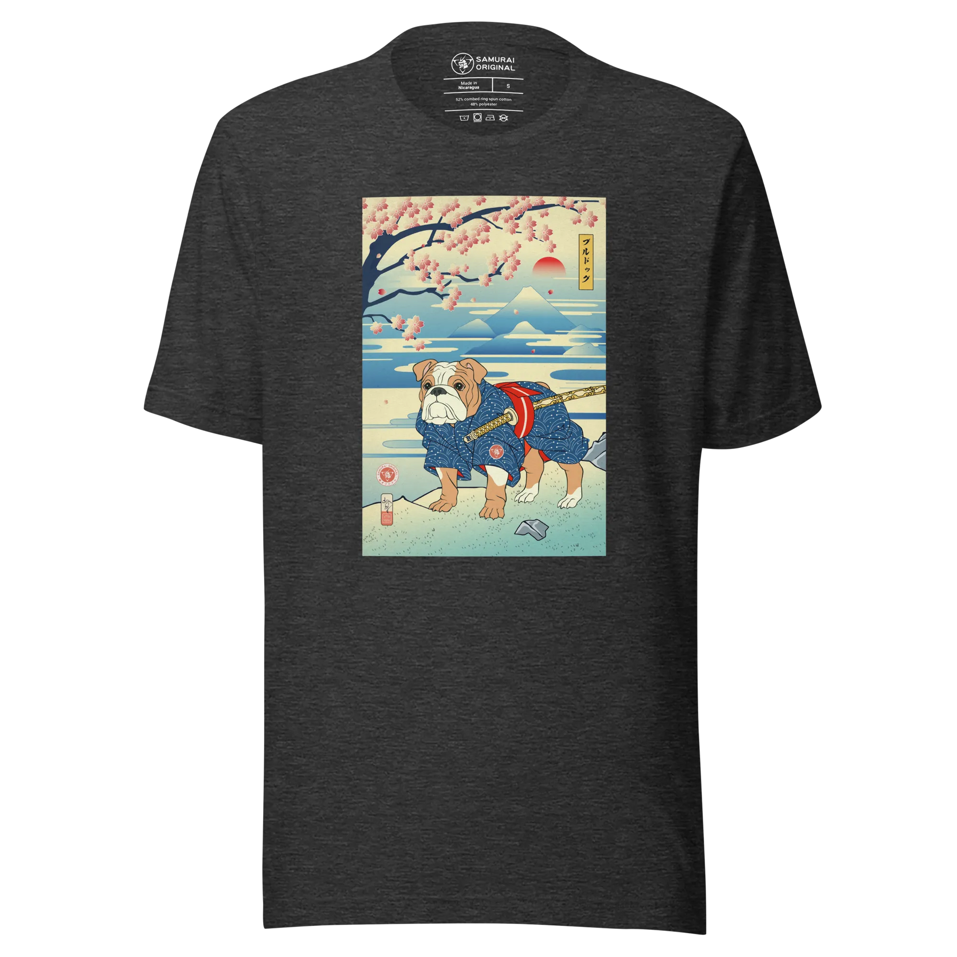 Dog Bulldog Japanese Ukiyo-e Unisex T-Shirt - Dark Grey Heather / S