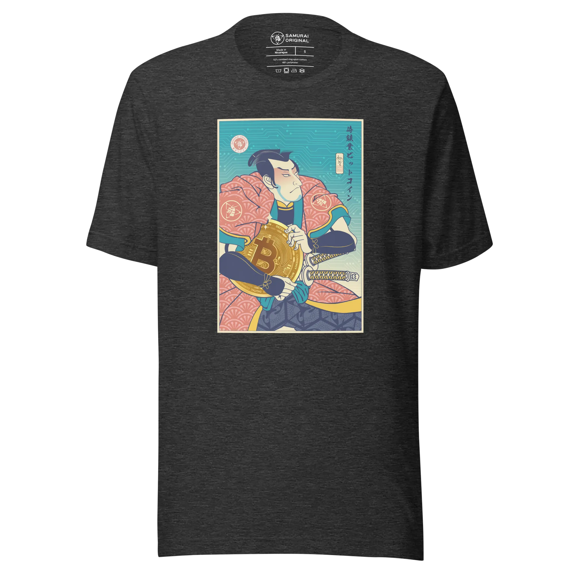 Samurai Bitcoin Mining Ukiyo-e Unisex T-Shirt - Dark Grey Heather / S