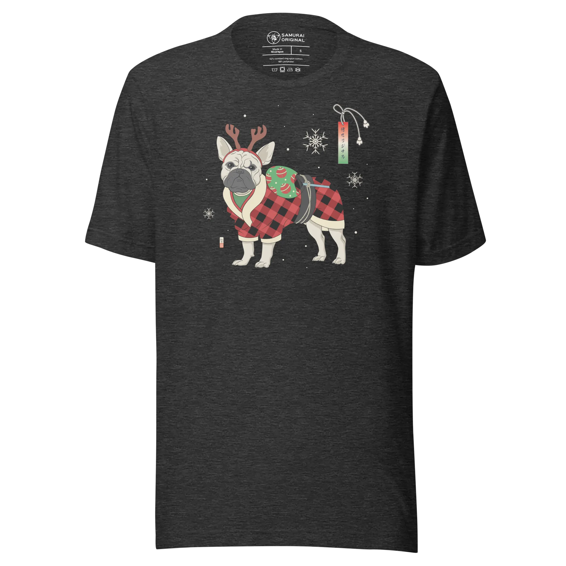 French Bulldog Funny Christmas Japanese Ukiyo-e Unisex T-shirt - Dark Grey Heather / S