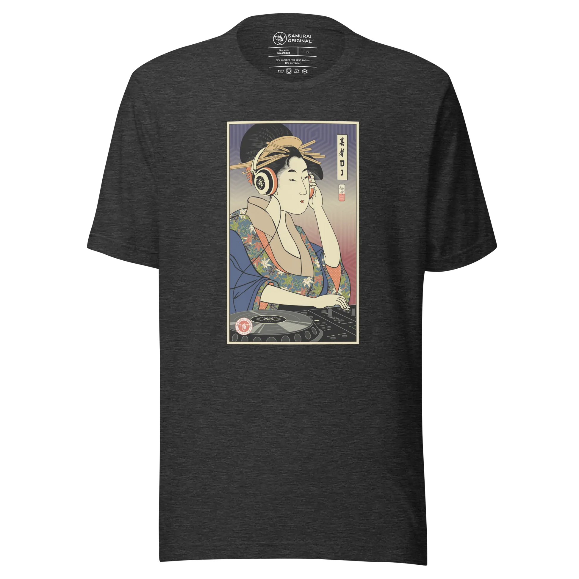 Geisha DJ Turntable Music Japanese Ukiyo-e Unisex T-Shirt - Dark Grey Heather / S