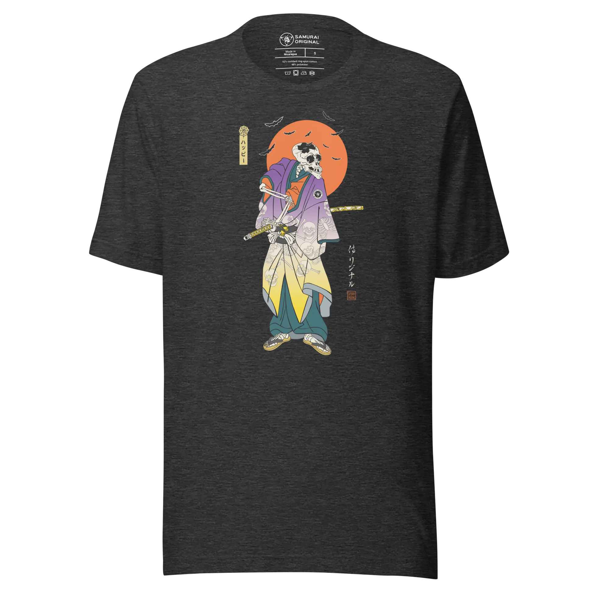 Halloween Samurai Skeleton Japanese Ukiyo-e Unisex T-shirt - Dark Grey Heather / S