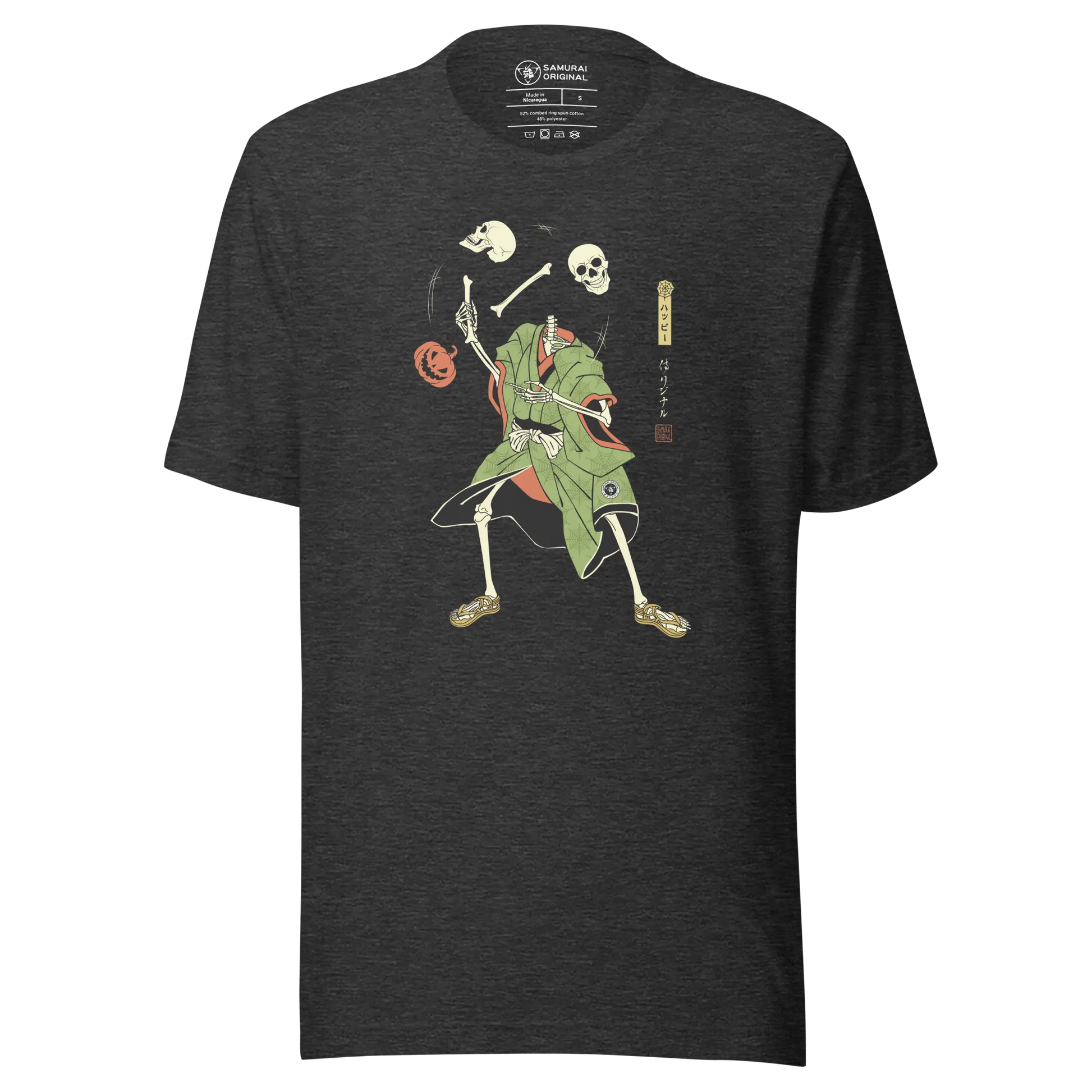 Halloween Samurai Skeleton Juggling Japanese Ukiyo-e Unisex T-shirt - Dark Grey Heather / S