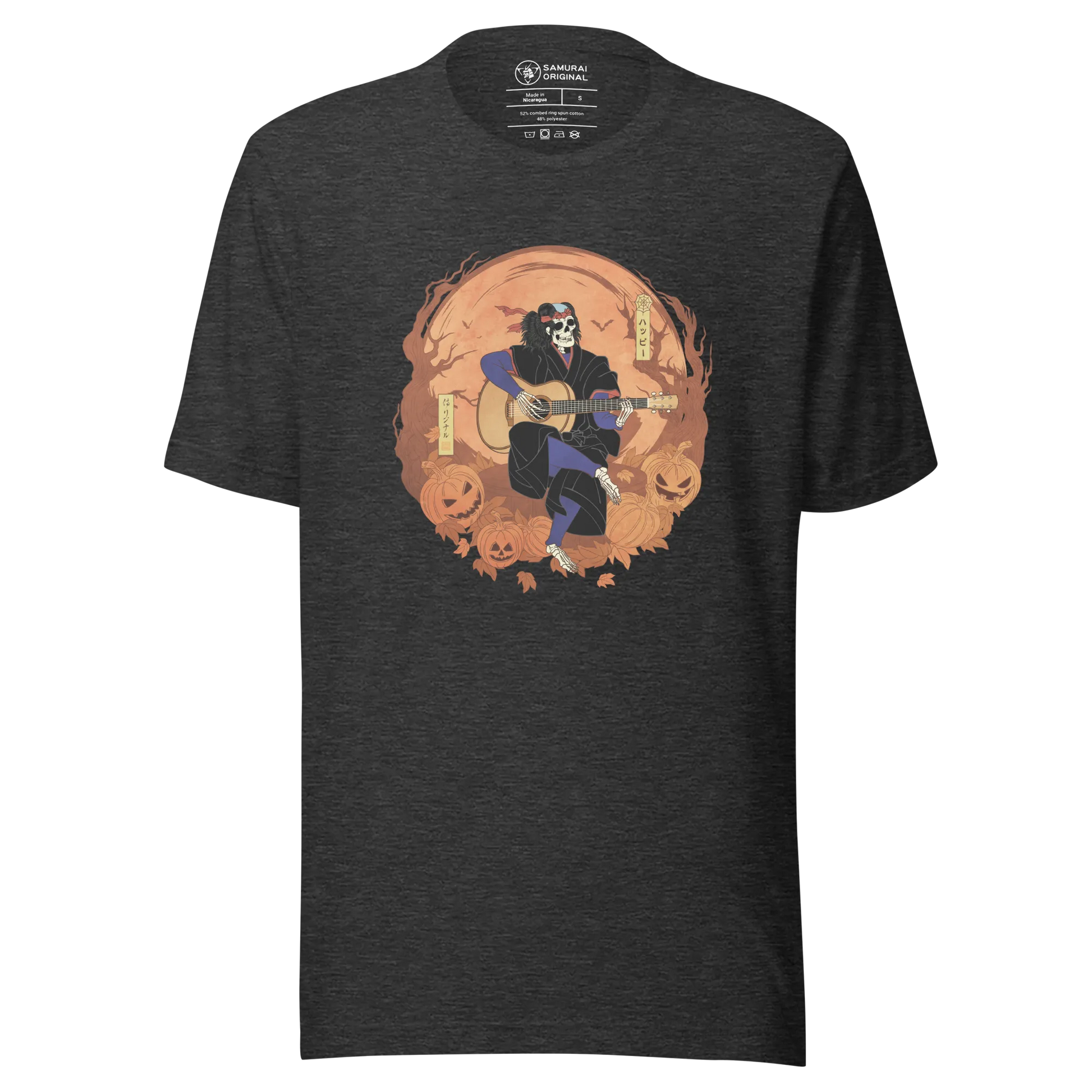 Halloween Skeleton Play Guitar Japanese Ukiyo-e Unisex T-shirt - Dark Grey Heather / S