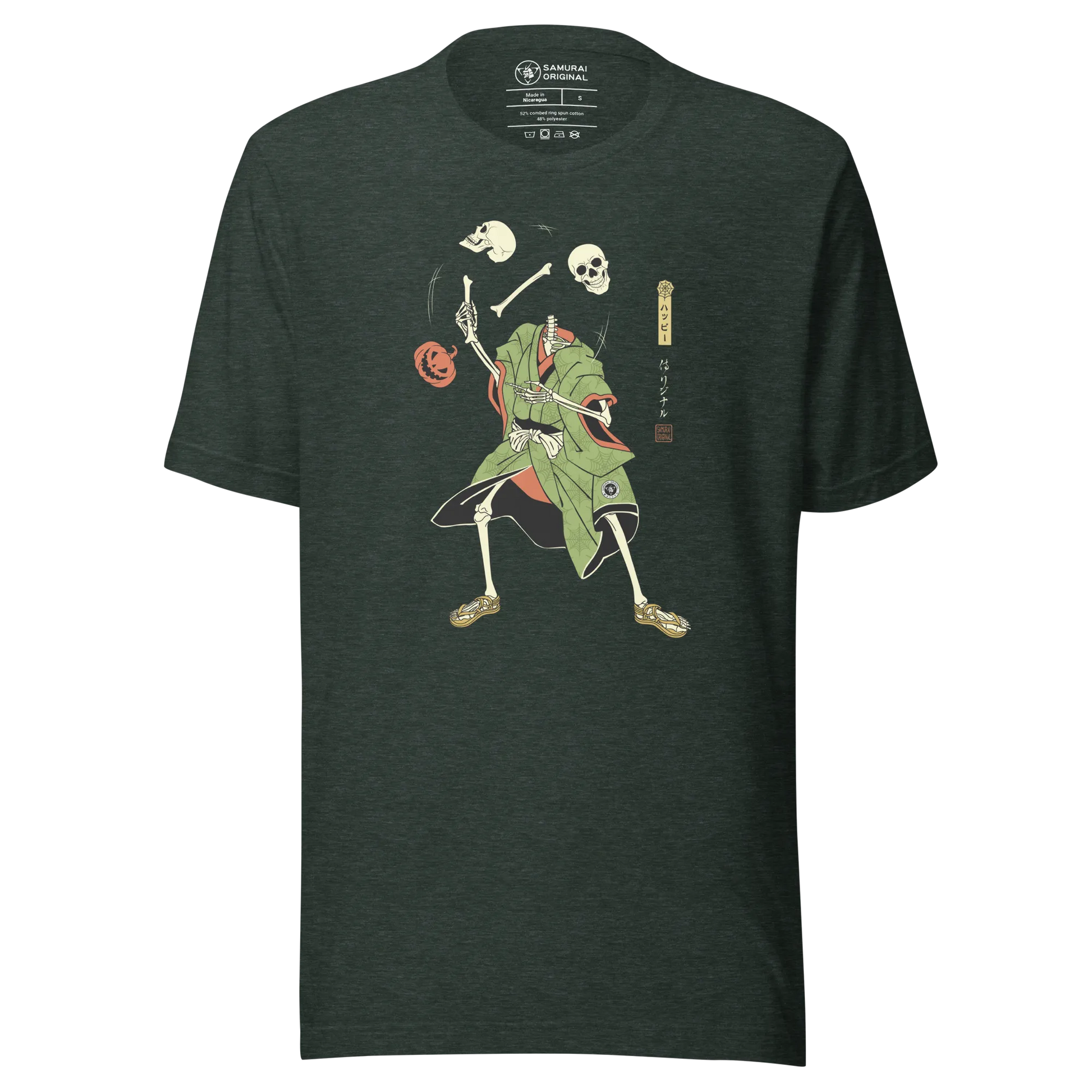 Halloween Samurai Skeleton Juggling Japanese Ukiyo-e Unisex T-shirt - Heather Forest / S