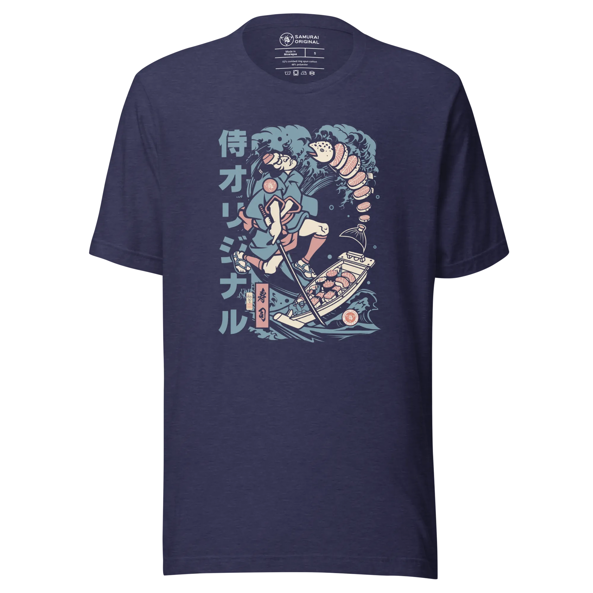 Samurai Sushi Japan's Food Ukiyo-e Funny Unisex T-Shirt - Heather Midnight Navy / S