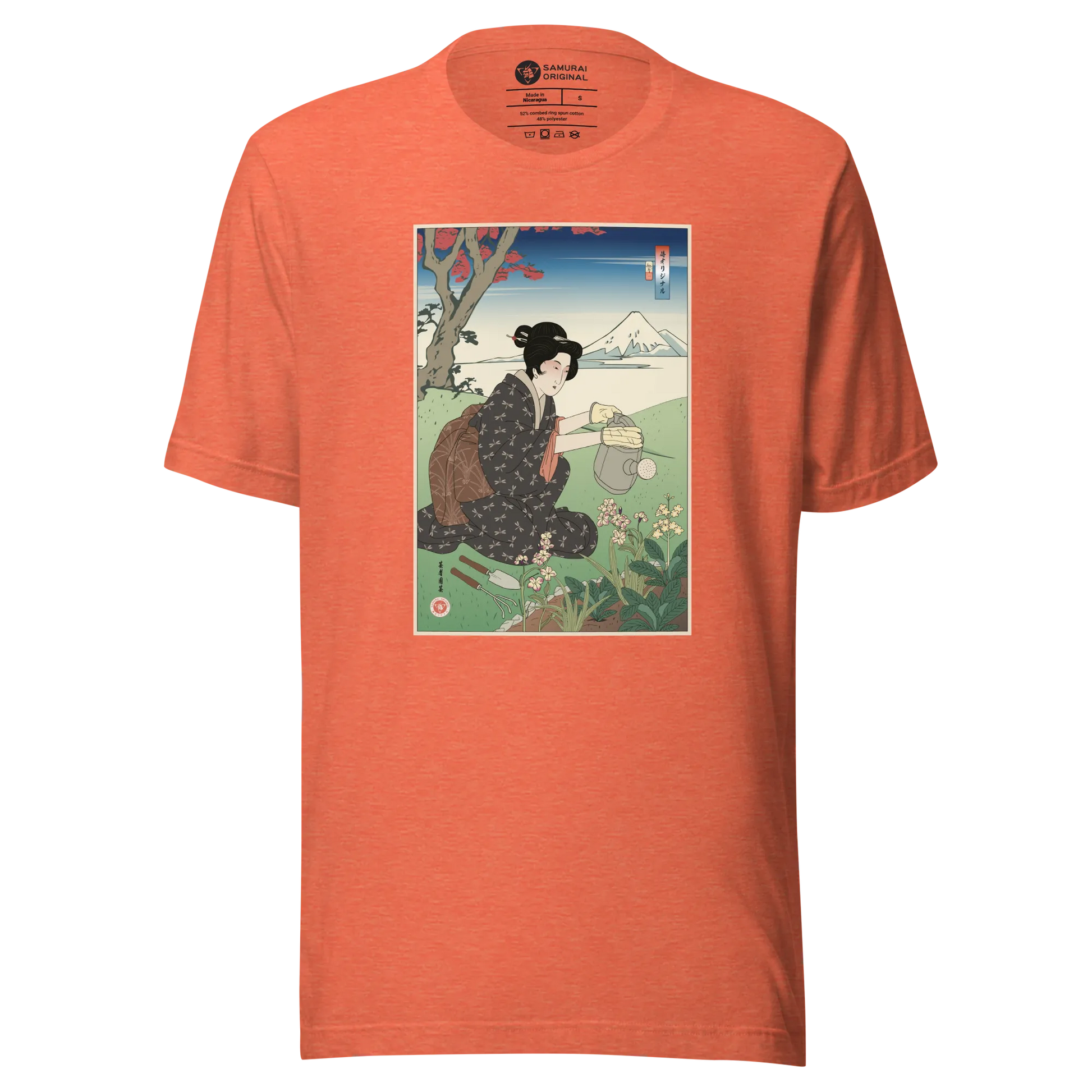 Geisha Gardening Japanese Ukiyo-e Unisex T-shirt - Heather Orange / S