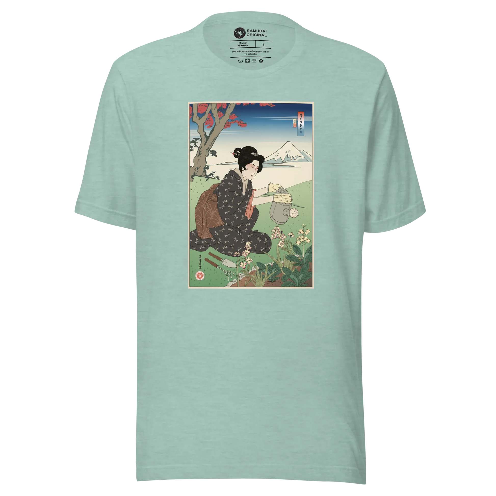 Geisha Gardening Japanese Ukiyo-e Unisex T-shirt - Heather Prism Dusty Blue / S