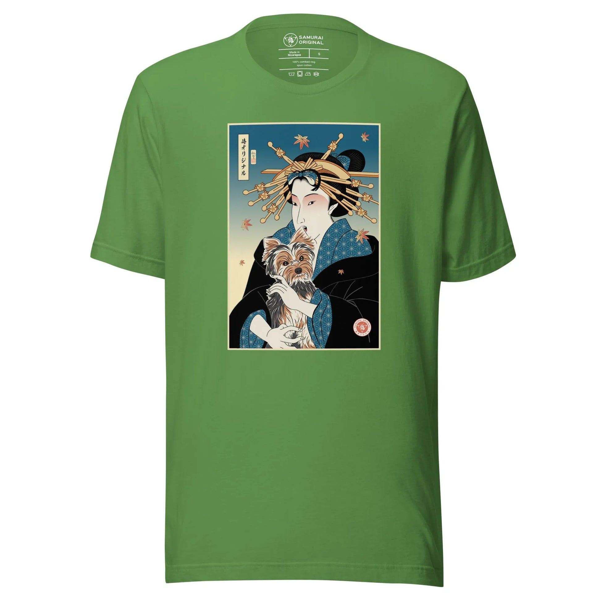 Geisha and Yorkshire Dog Japanese Ukiyo-e Unisex t-shirt - Leaf / S