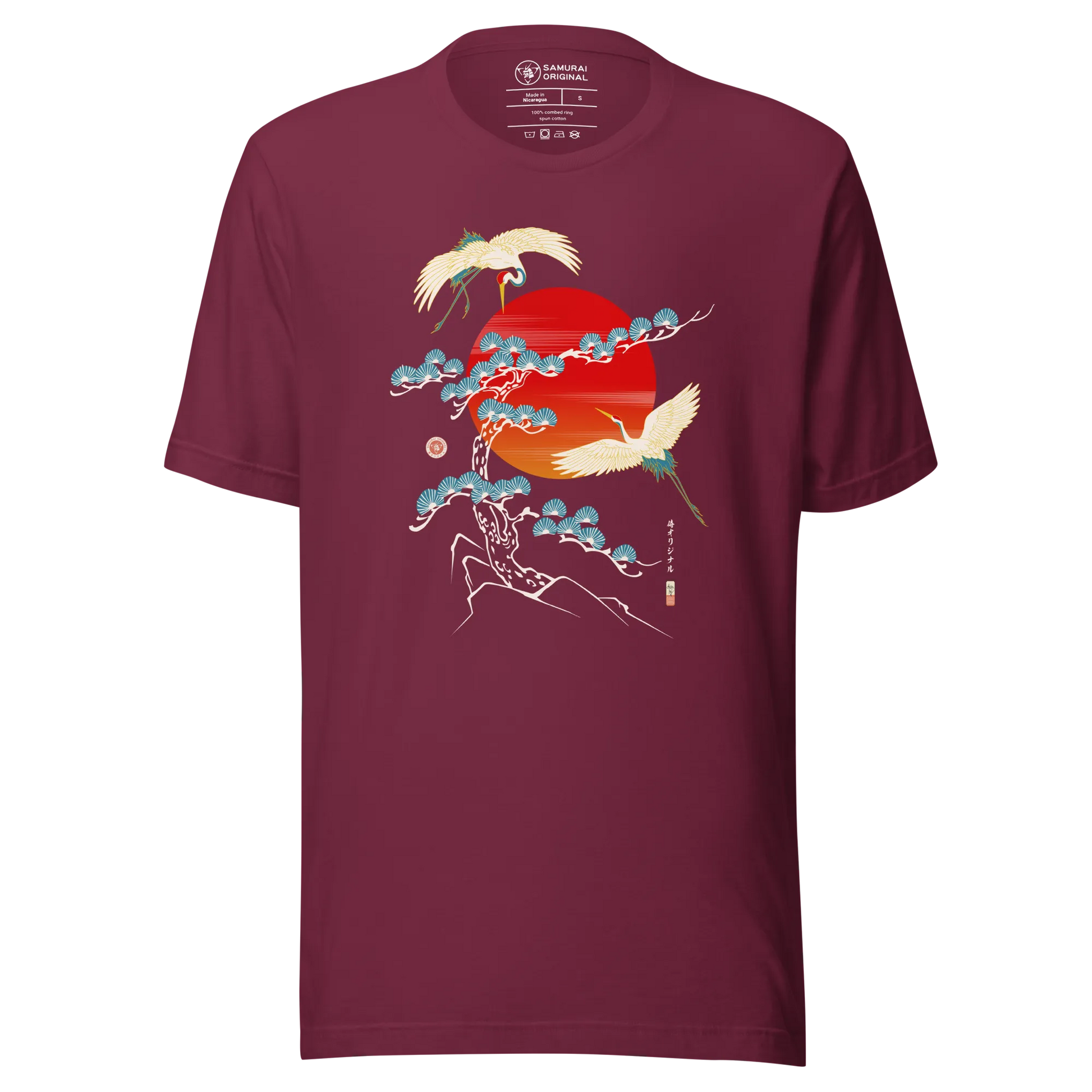 Crane Bird Japanese Ukiyo-e Unisex T-shirt - Maroon / S