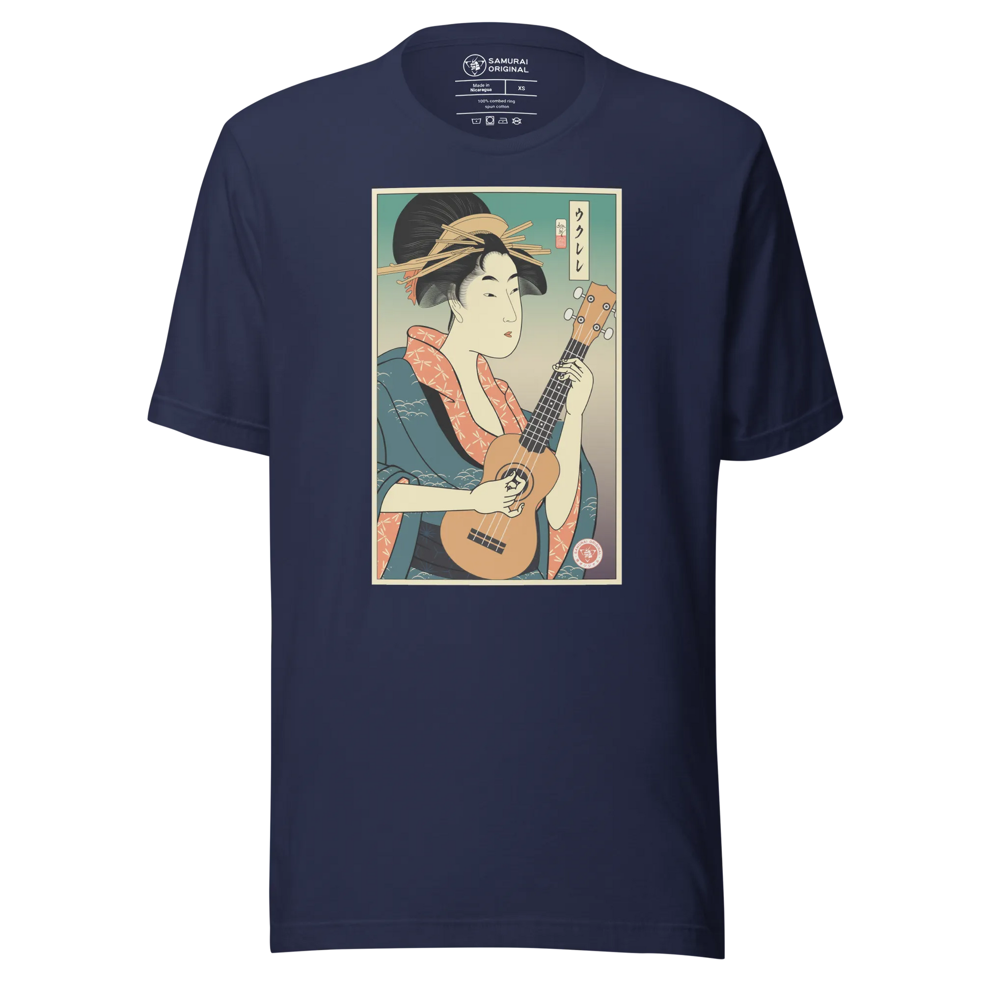 Geisha Ukulele Player String Instrument Japanese Ukiyo-e Unisex T-Shirt - Navy / S