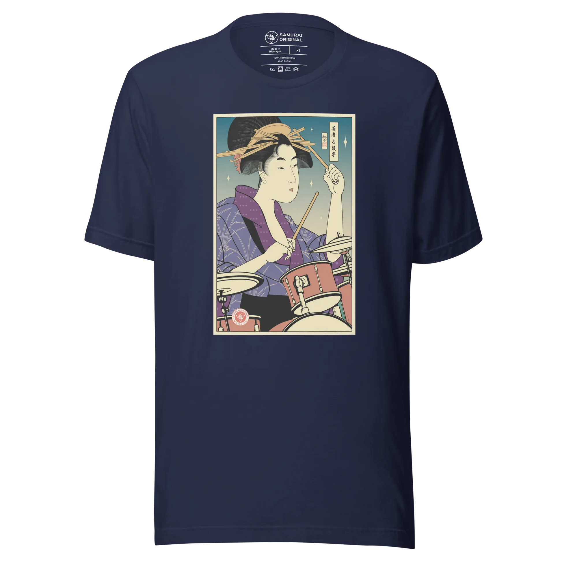 Geisha Drummer Percussion Music Japanese Ukiyo-e Unisex T-Shirt - Navy / S