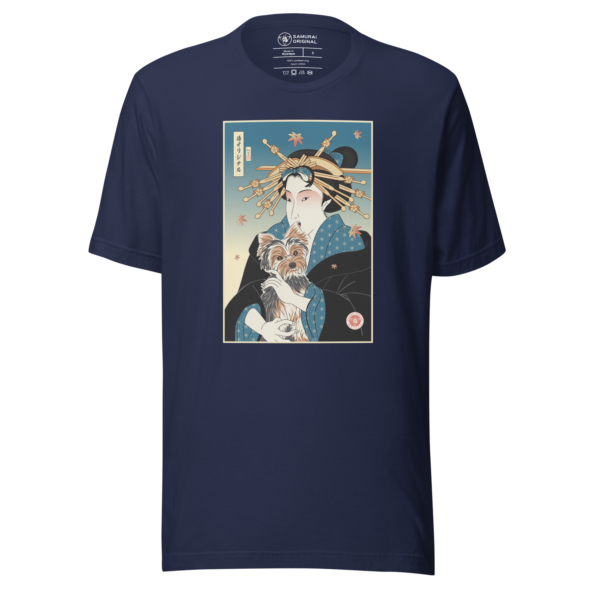 Geisha and Yorkshire Dog Japanese Ukiyo-e Unisex t-shirt - Navy / S