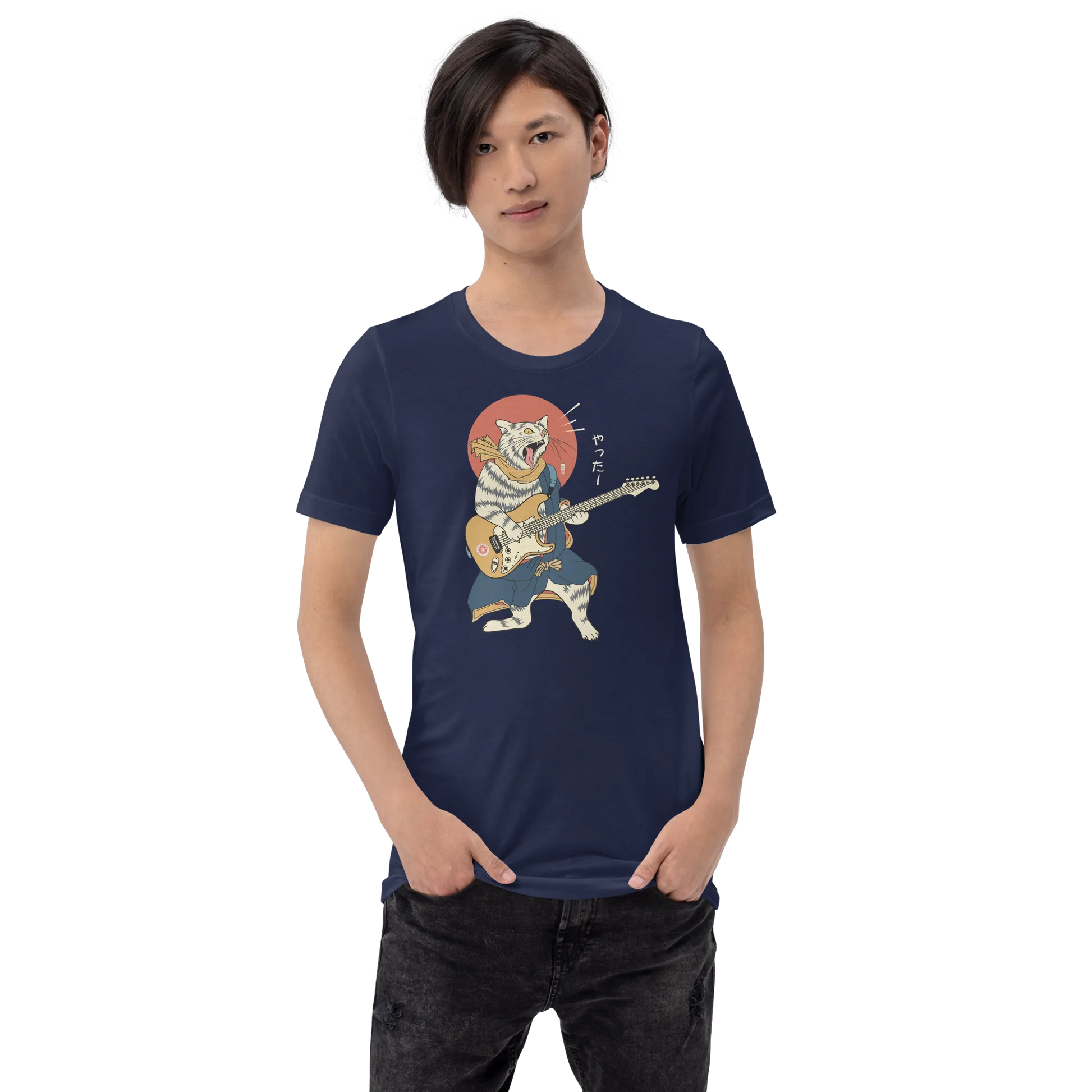 Cat Playing Guitar Funny Japanese Ukiyo-e Unisex T-shirt -