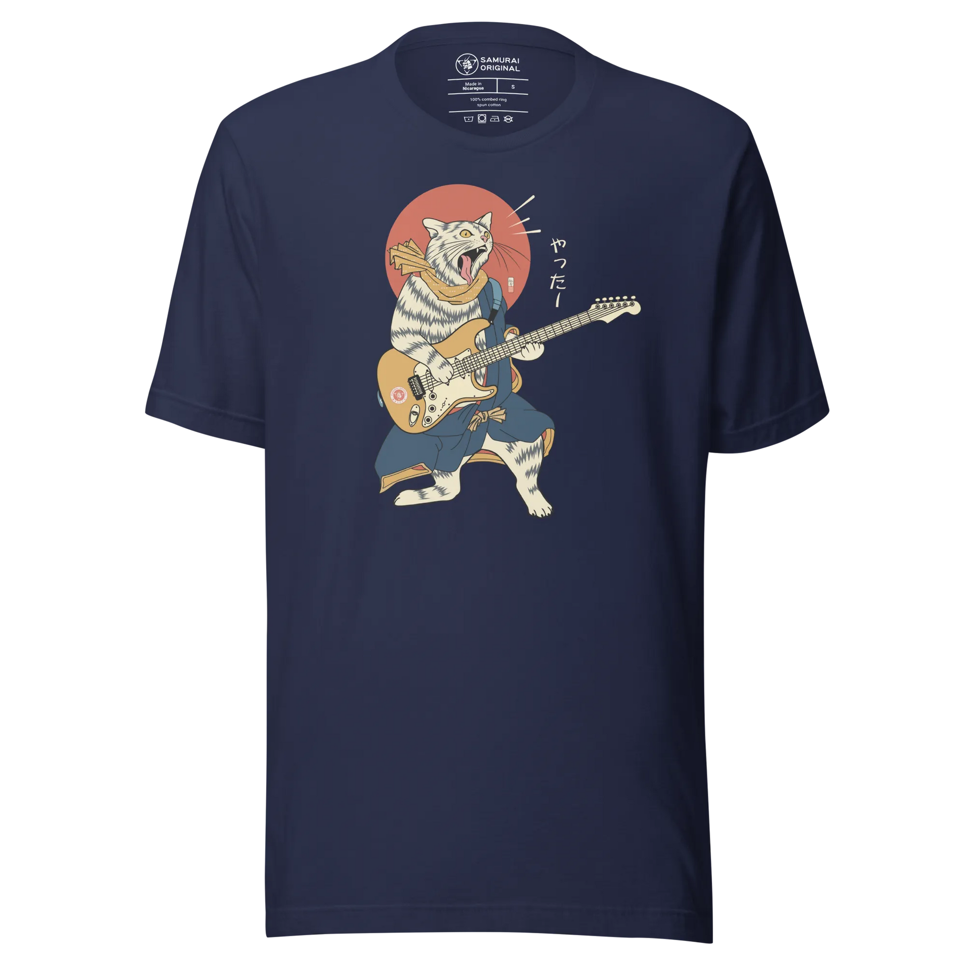 Cat Playing Guitar Funny Japanese Ukiyo-e Unisex T-shirt - Navy / S