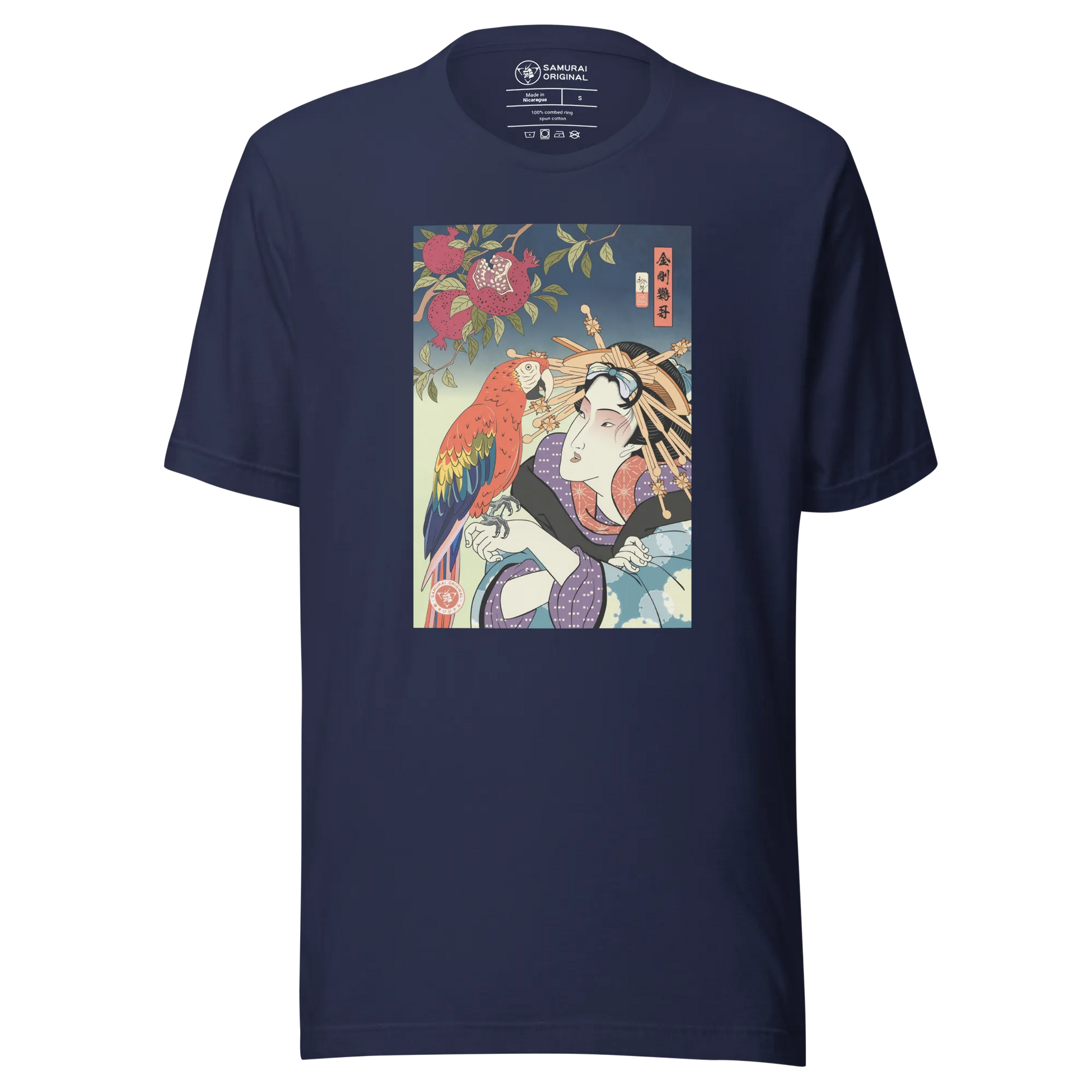 Geisha & Macaw Parrot Bird Japanese Ukiyo-e Unisex T-Shirt - Navy / S