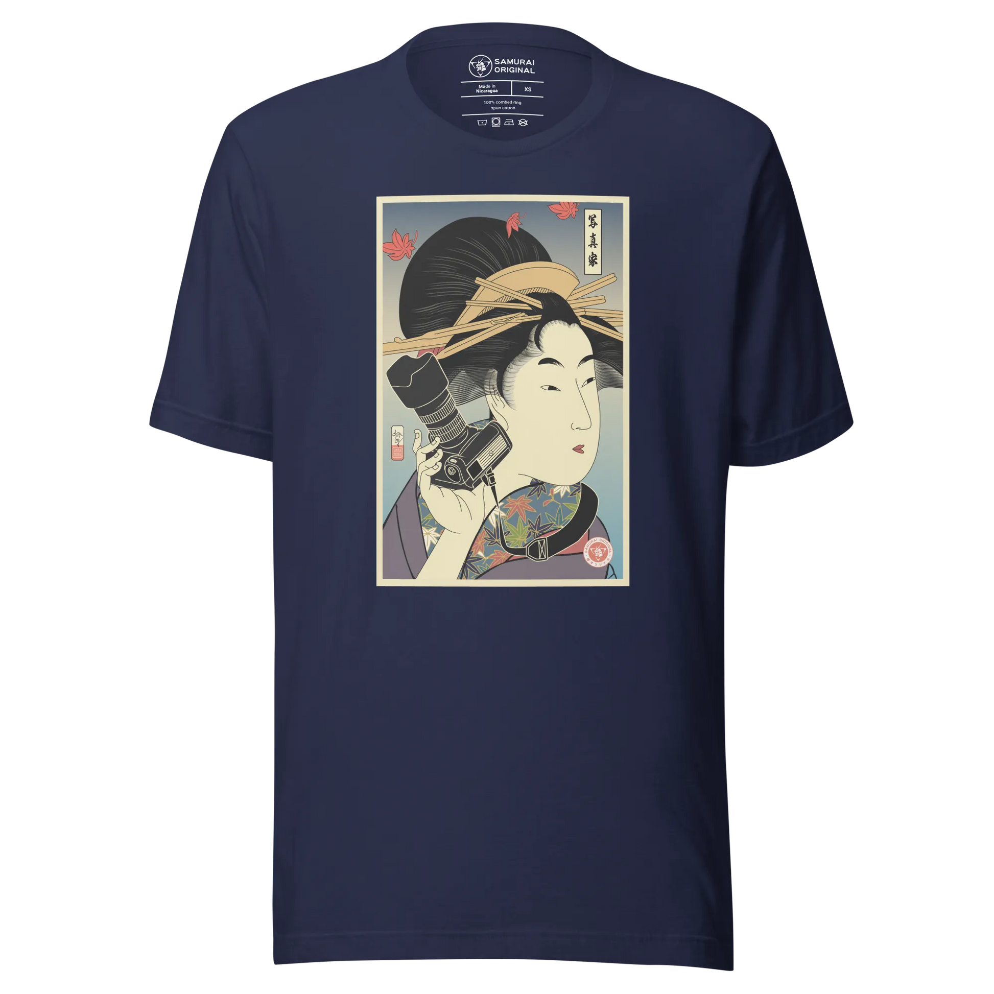 Geisha Photographer Camera Japanese Ukiyo-e Unisex T-Shirt - Navy / S