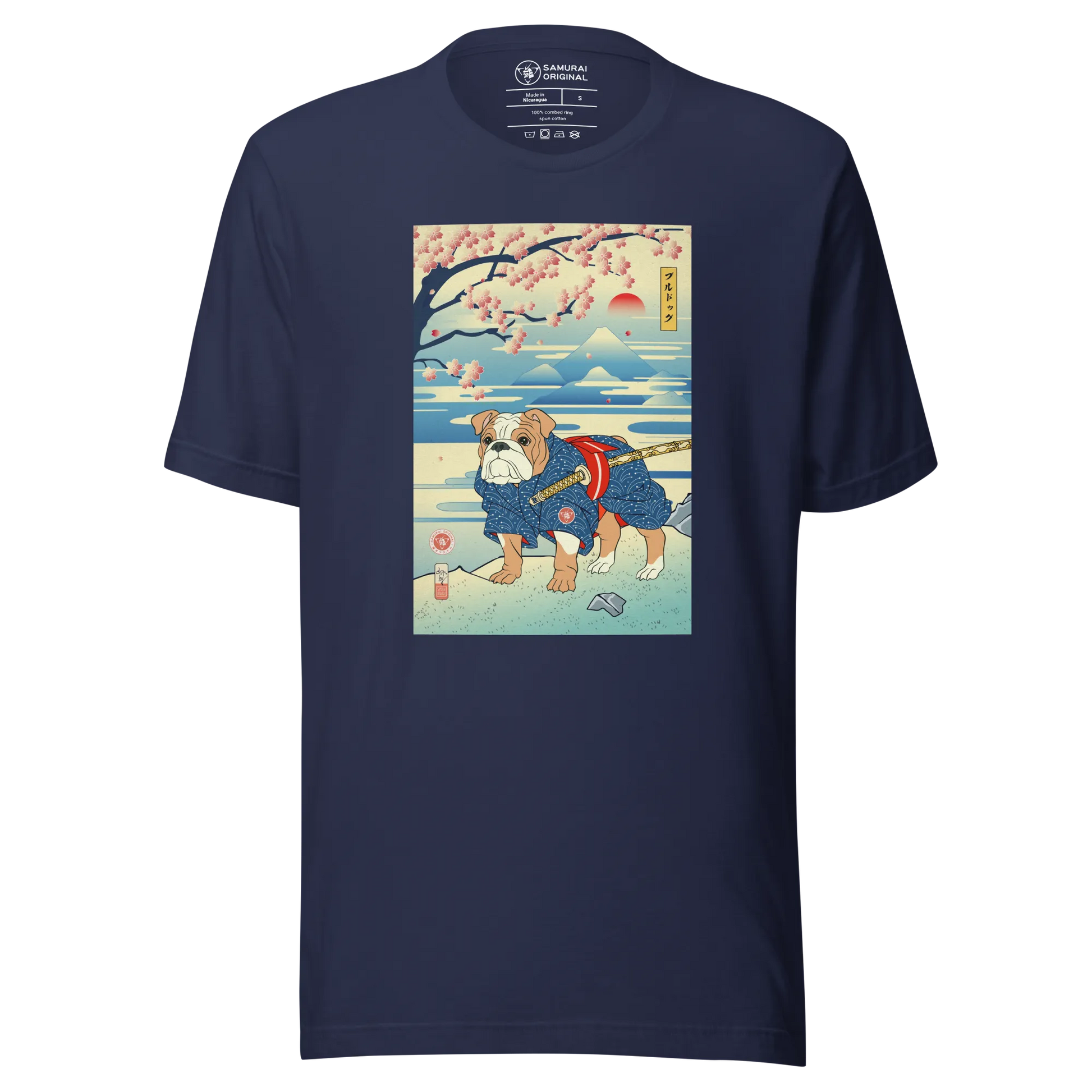 Dog Bulldog Japanese Ukiyo-e Unisex T-Shirt - Navy / S